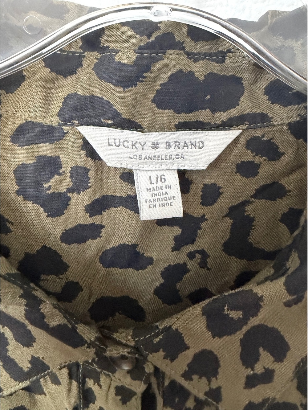 Lucky Brand Long Sleeve Button Front Olive Green/Black Animal Print Shirt Size L - Picture 6 of 7